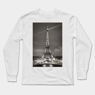 Eiffel Tower Illuminated at Night Black and White Long Sleeve T-Shirt